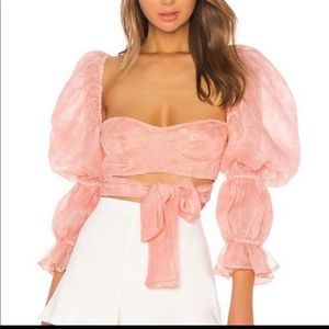 For Love & Lemons Hampton Puff Sleeve Tie Front Cropped Top M